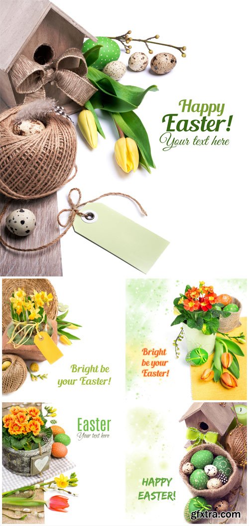 Easter eggs collages with tulips and daffodils Easter eggs collages with tulips and daffodils