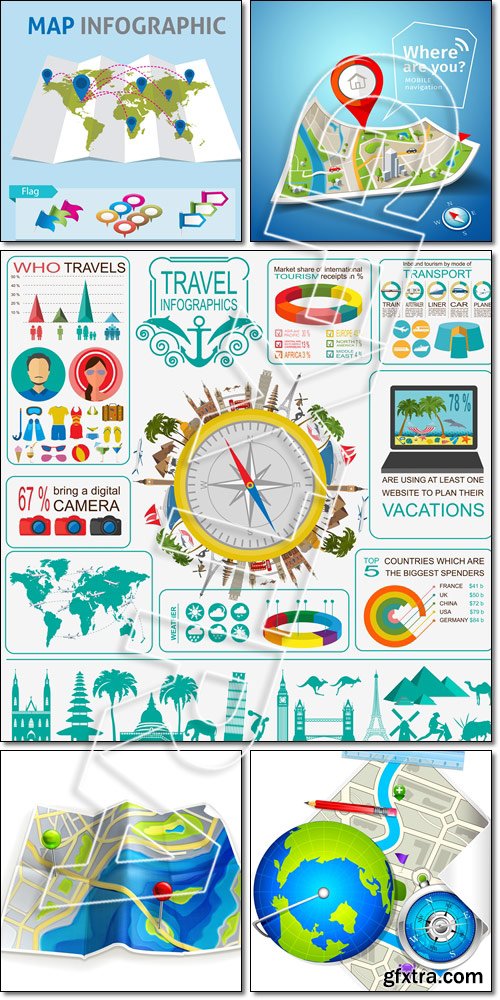 Travel. Vacations. Folded maps navigation with red color point markers - Vector