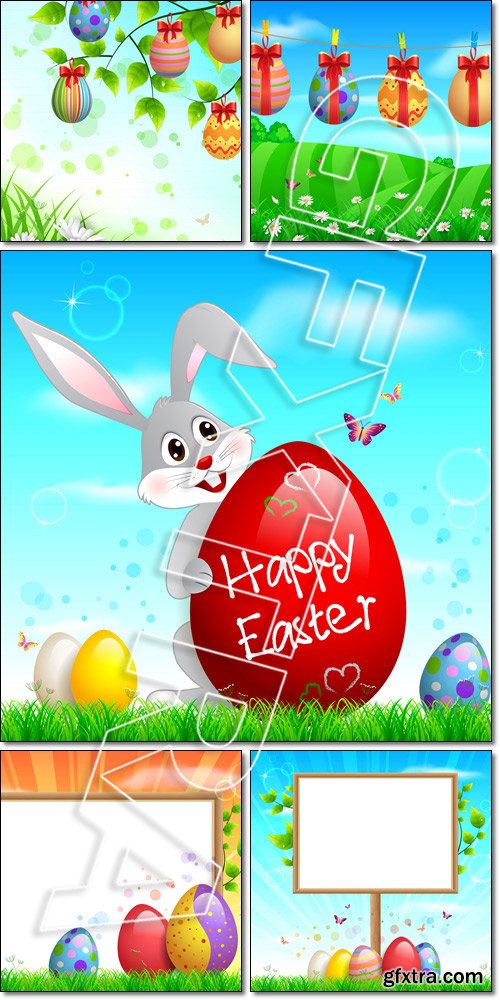 Easter bunny holding egg. Colorful easter eggs hanging on branches - Vector
