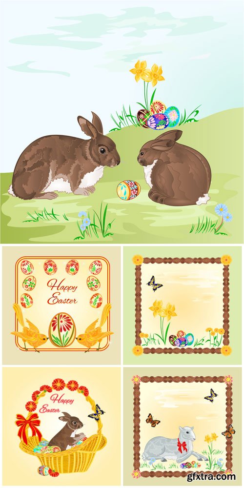 Easter vector basket with Easter eggs and rabbit Easter vector basket with Easter eggs and rabbit