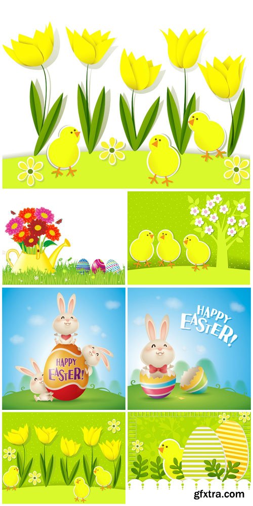 Easter vector, chickens, rabbit and flowers Easter vector, chickens, rabbit and flowers