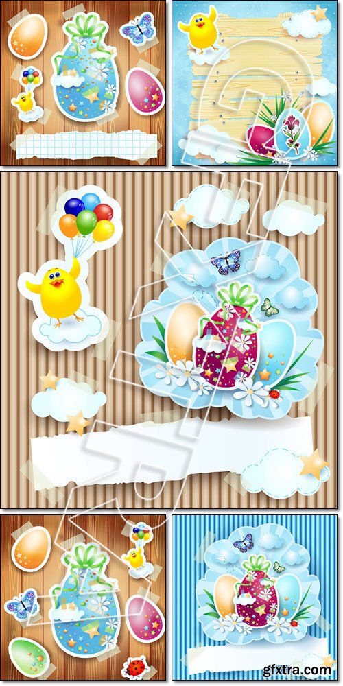 Easter background with paper elements and funny chick - Vector