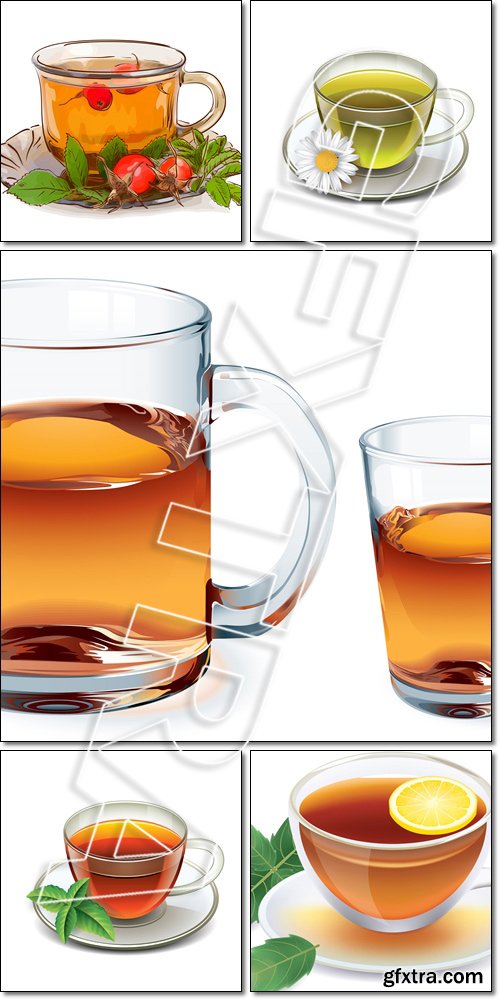 Green/ black tea cup with chamomile, a dogrose, lemon - Vector
