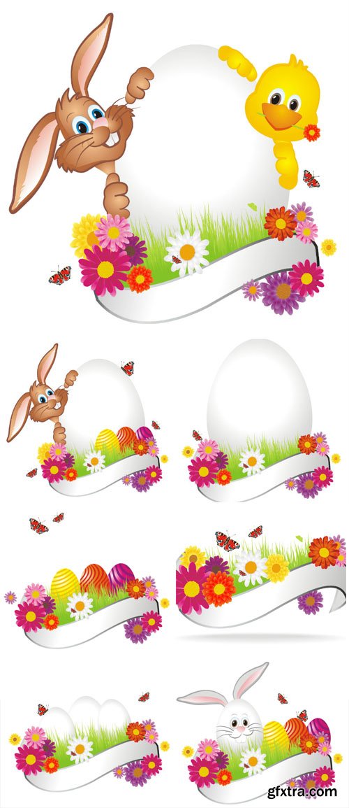 Funny easter bunny and flowers vector Funny easter bunny and flowers vector