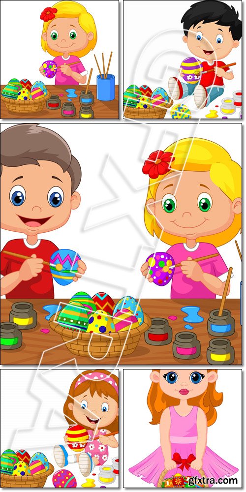 Little boy and girl painting an Easter egg - Vector