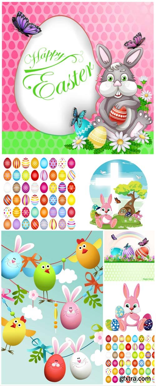 Happy Easter, Easter eggs, bunnies and flowers vector Happy Easter, Easter eggs, bunnies and flowers vector