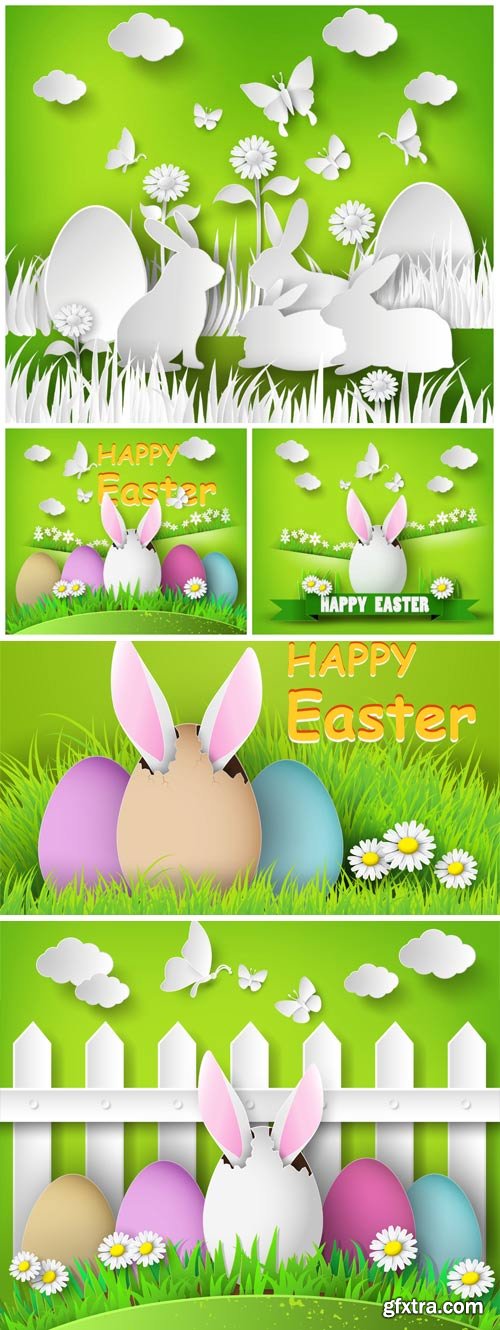 Happy Easter, Easter eggs and bunnies on a green background vector Happy Easter, Easter eggs and bunnies on a green background vector