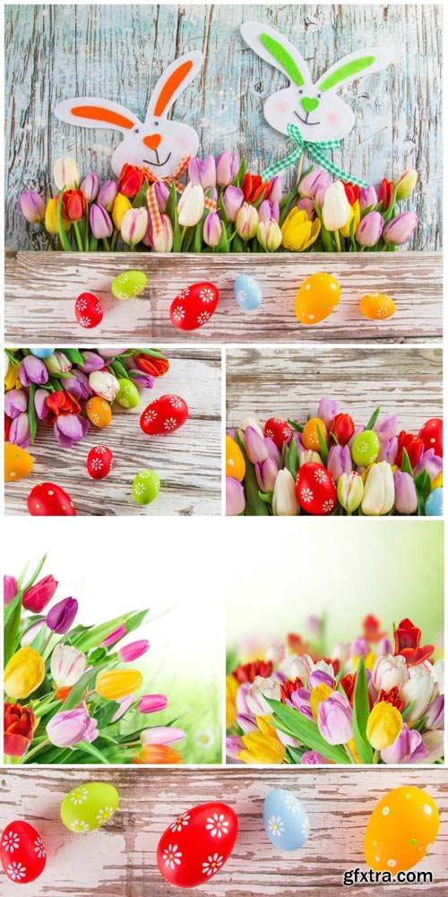 Happy Easter, Easter bunnies and tulips - stock photos Happy Easter, Easter bunnies and tulips - stock photos