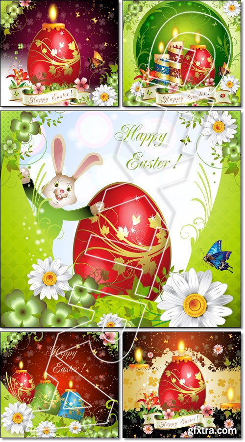 Easter card with butterflies, candle and decorated egg on grass - Vector