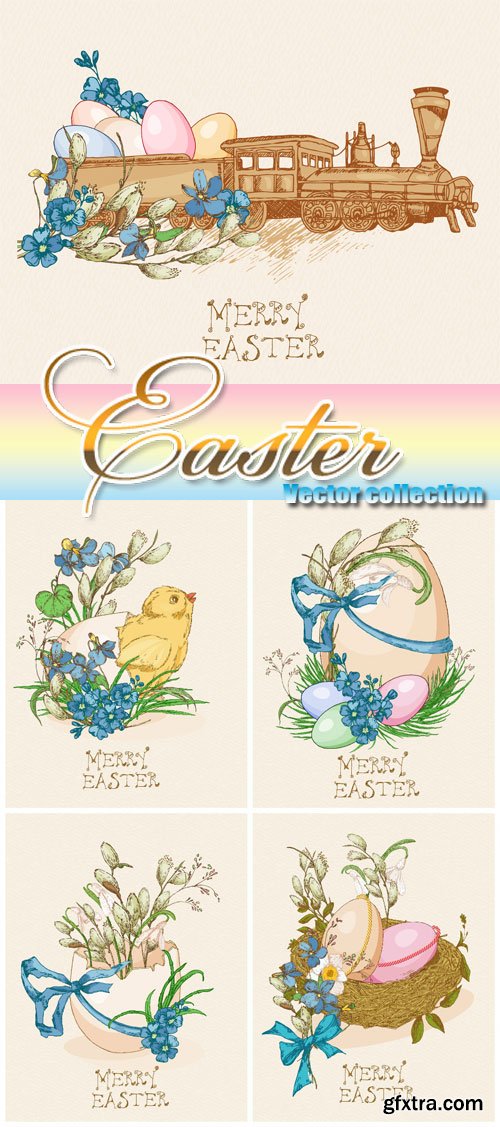 Vector Easter, easter eggs, bunnies and flowers in vintage style Vector Easter, easter eggs, bunnies and flowers in vintage style