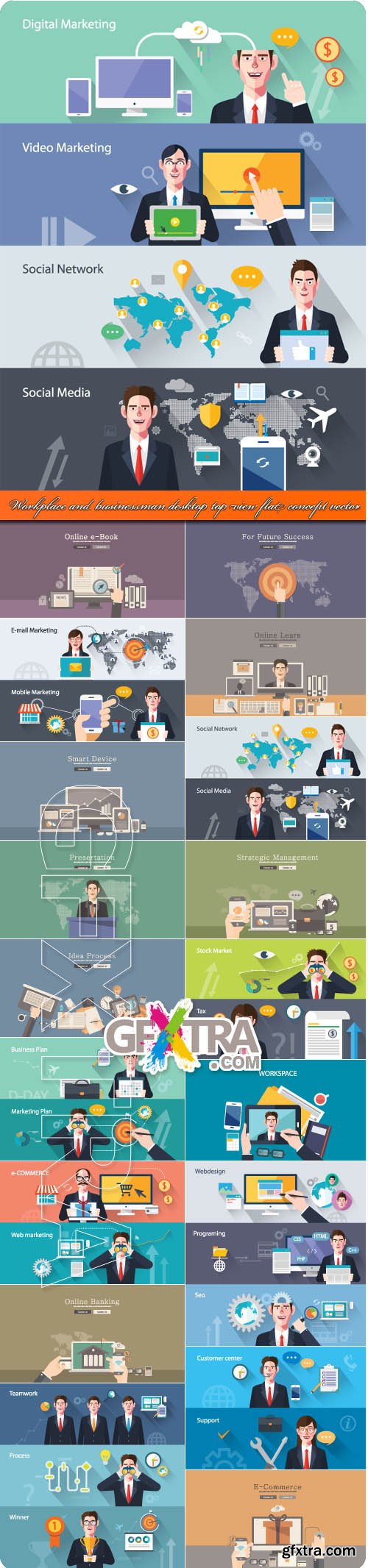 Workplace and businessman desktop top view flat concept vector