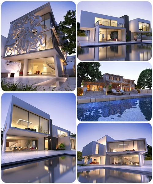 Modern house with pool - stock photo Modern house with pool - stock photo