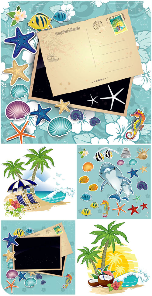 Marine backgrounds vector, sea, palm trees, sand and shells Marine backgrounds vector, sea, palm trees, sand and shells